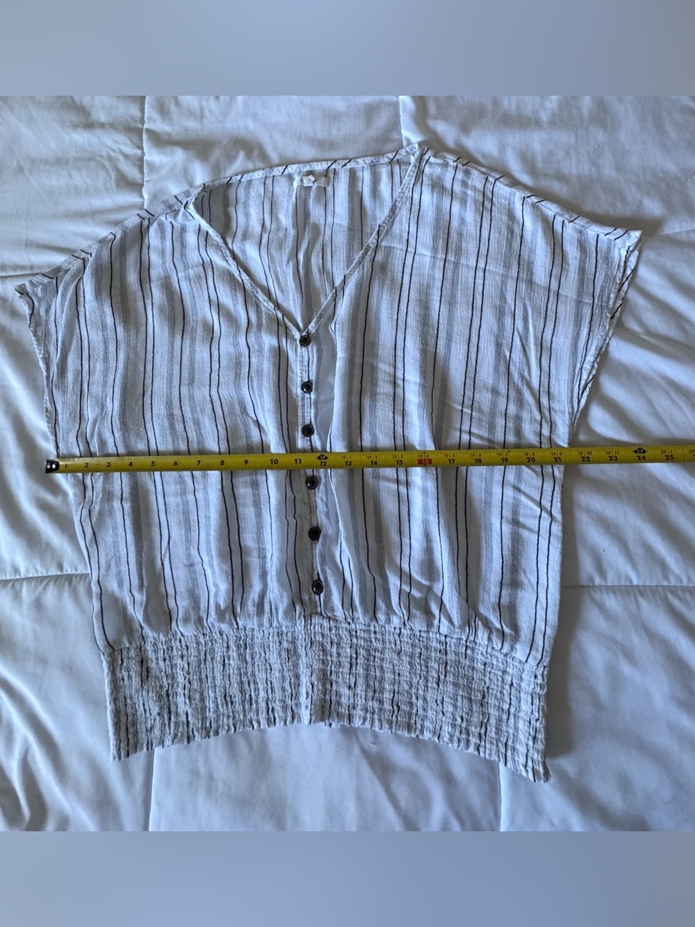 Maurices White and Gray Striped Button-Front V-Neck Blouse - Picture 5 of 8